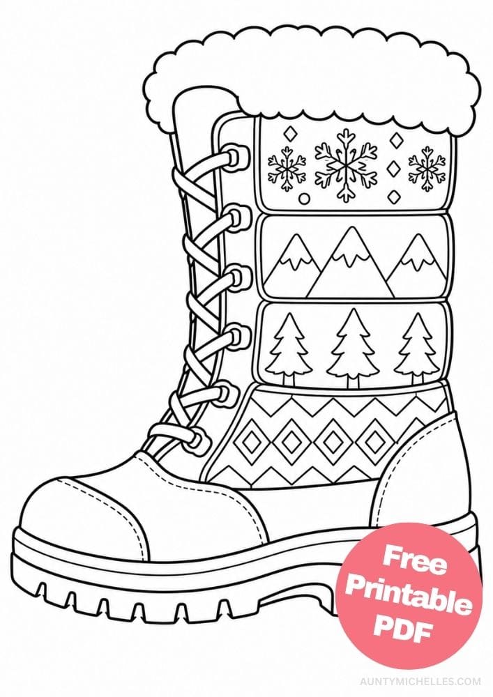 Winter snow boot coloring page with fluffy trim, snowflakes, mountains, pine trees, and knitted patterns.