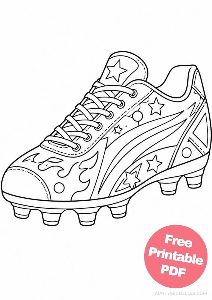 Soccer cleat coloring page with visible studs, flames, stars, circles, and sweeping athletic panels.