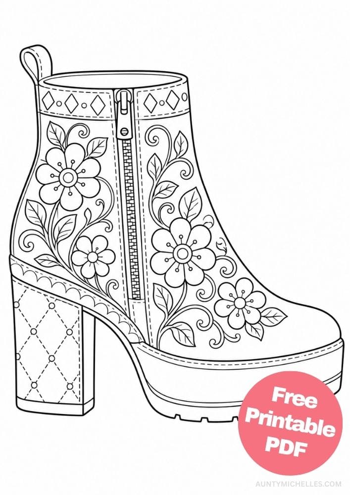 Chunky-heeled ankle boot coloring page with a zipper, flowers, vines, leaves, and diamond stitching.