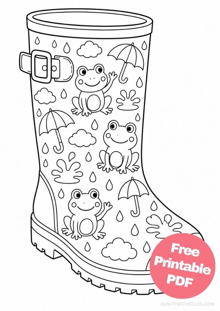 Tall rain boot coloring page printed with friendly frogs, umbrellas, clouds, raindrops, and splashes.