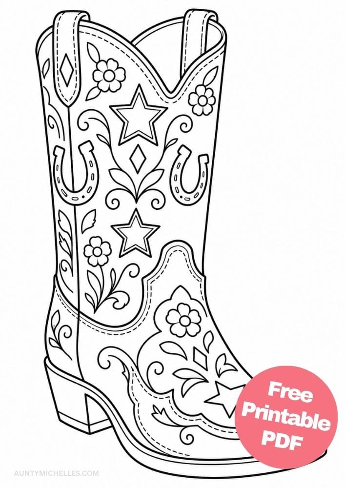 Cowboy boot coloring page decorated with horseshoes, stars, flowers, leaves, diamonds, and vines.