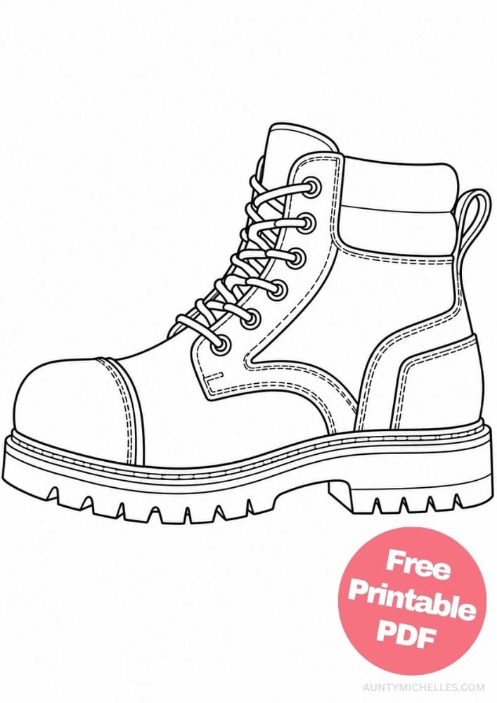 Sturdy men’s work boot coloring page with heavy laces, reinforced panels, pull tab, and rugged tread.