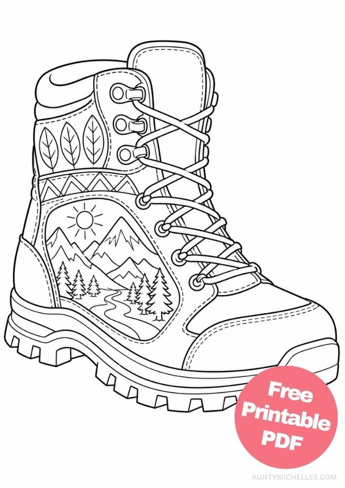 Hiking boot coloring page with laces, leaf patterns, mountains, pine trees, a sun, and winding trail.