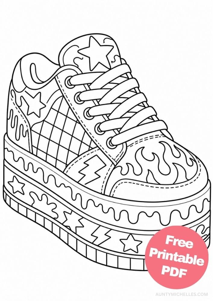 Chunky skate shoe coloring page with flames, stars, checkerboard panels, lightning bolts, and drips.