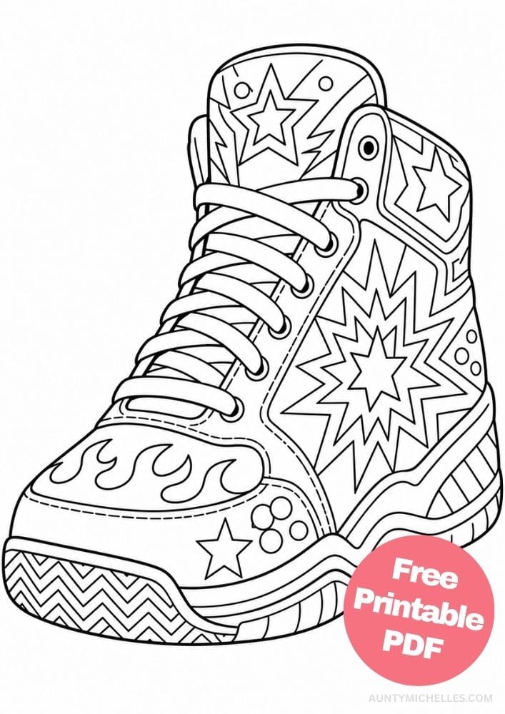 High-top basketball shoe coloring page with flames, stars, circles, zigzags, and a large starburst.