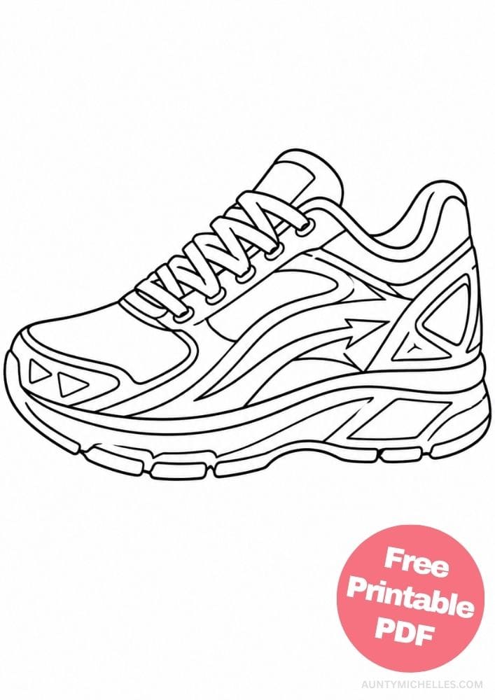 Modern running shoe coloring page with wide laces, arrows, waves, triangles, and athletic panels.