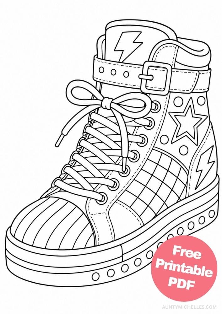High-top sneaker coloring page with an ankle strap, stars, lightning bolts, checkerboards, and striped toe.