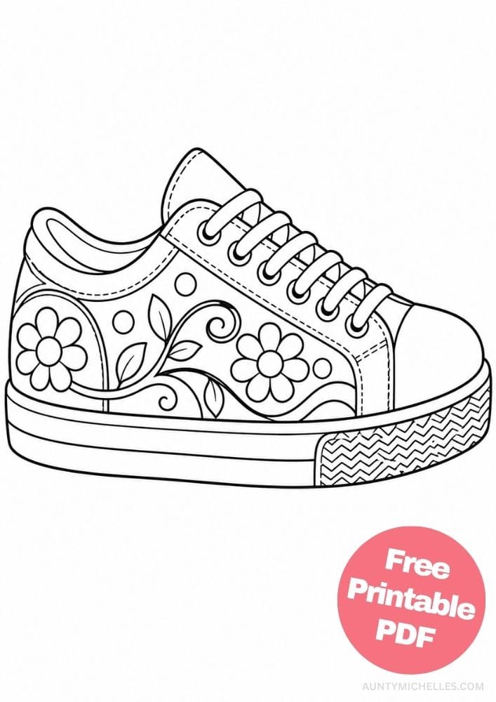 Low-top lace-up sneaker coloring page decorated with large flowers, leaves, circles, and curling vines.