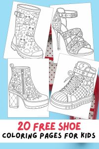 Free printable shoe coloring pages for kids featuring sneakers, boots, heels, wedges, ice skates, rollerblades, winter boots, hiking boots, rain boots, fun to color in PDF printout activities