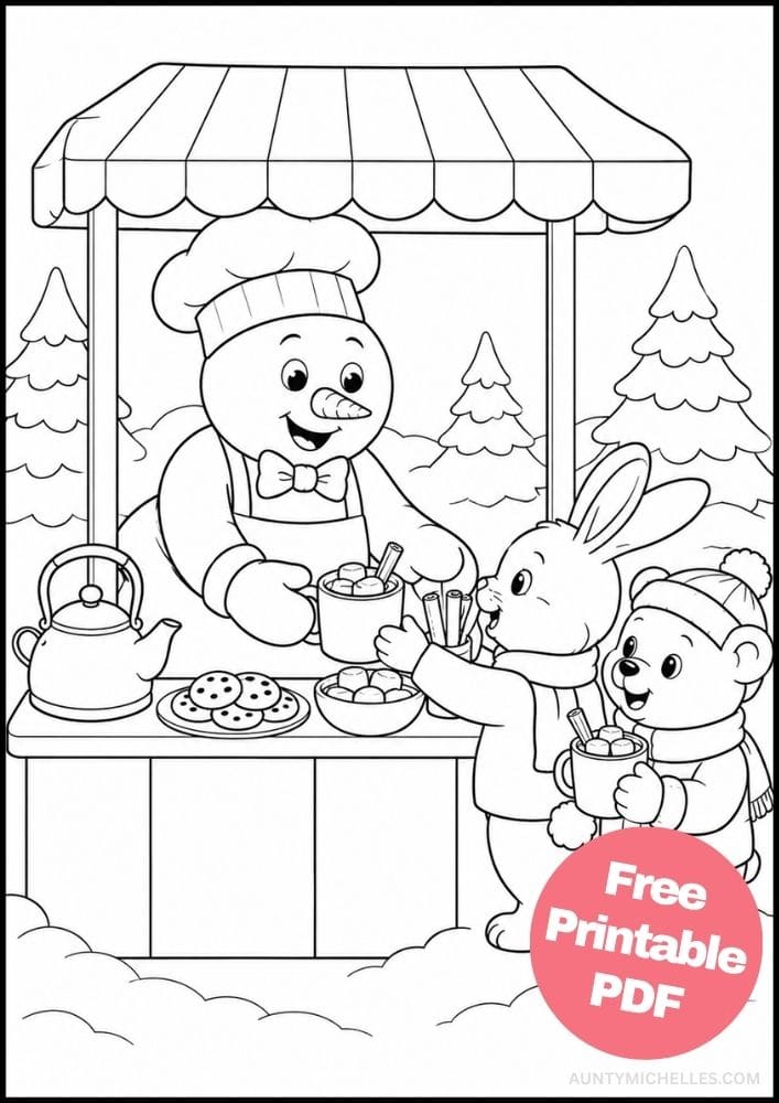 Snowman serving hot cocoa to a bunny and bear at a winter drink stand coloring page.