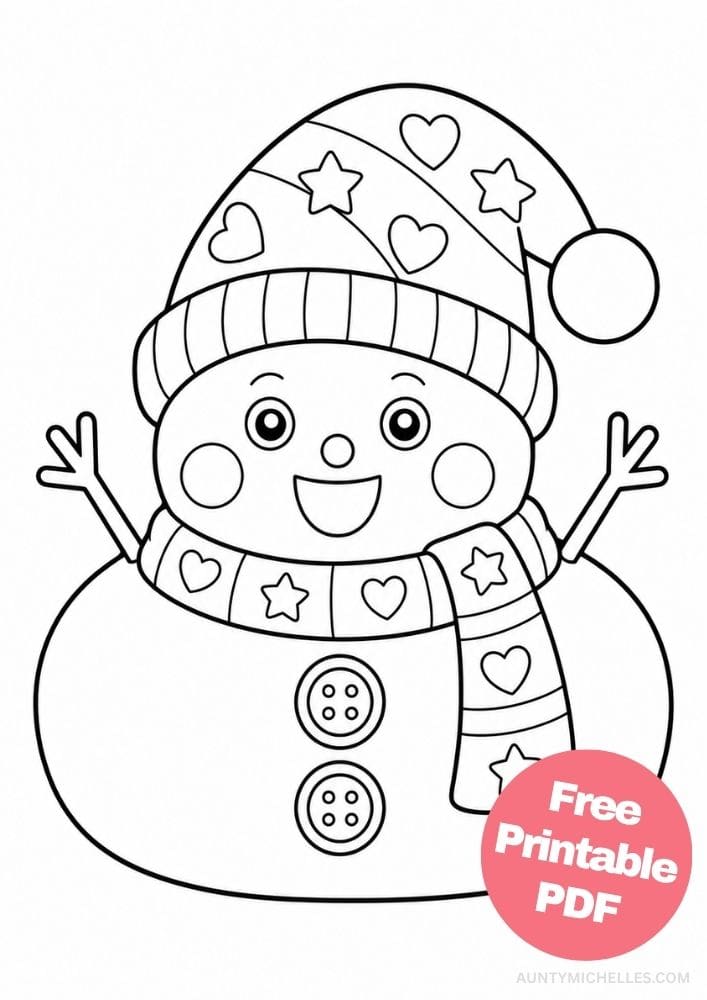Short round snowman with raised twig arms, patterned hat, scarf, and large buttons.