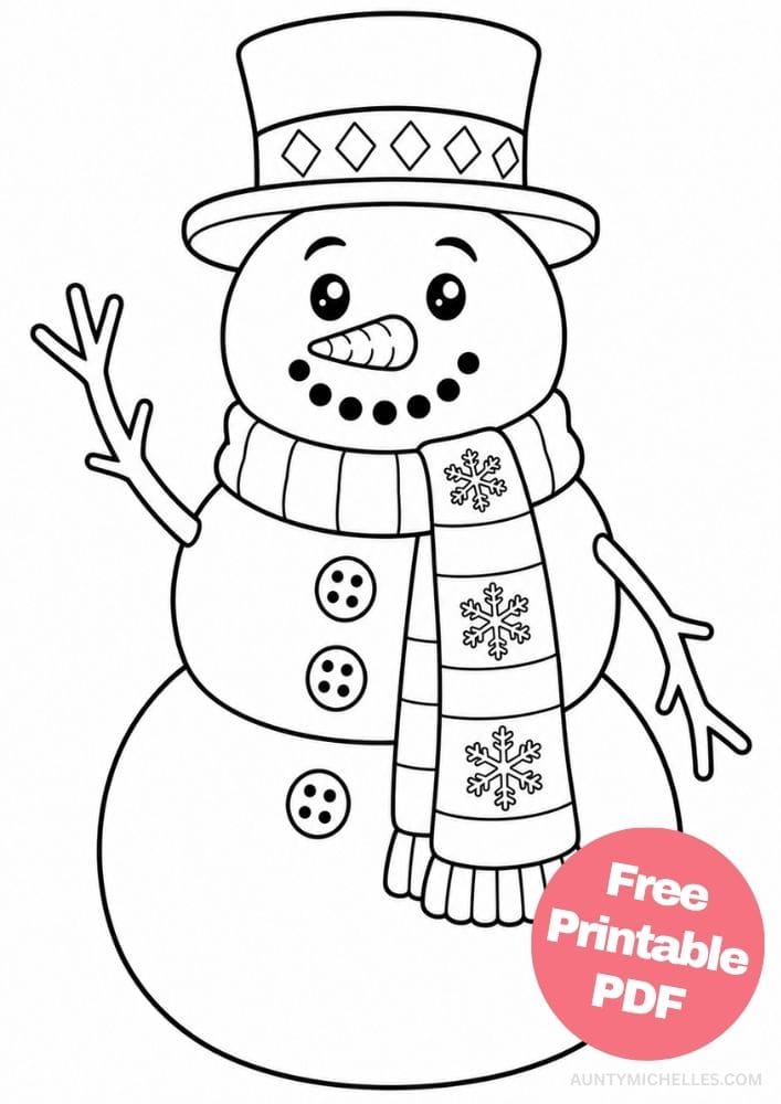 Traditional snowman waving in a top hat and snowflake scarf coloring page.