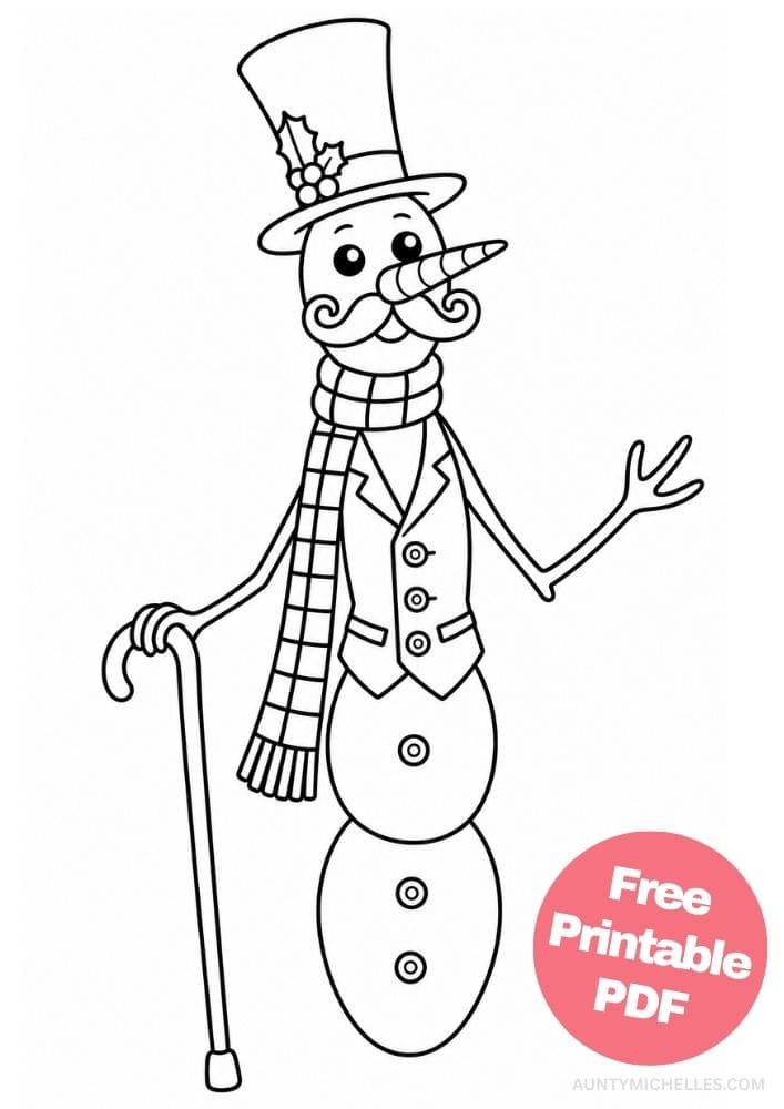 Tall skinny four-snowball snowman with mustache, vest, top hat, scarf, and cane.