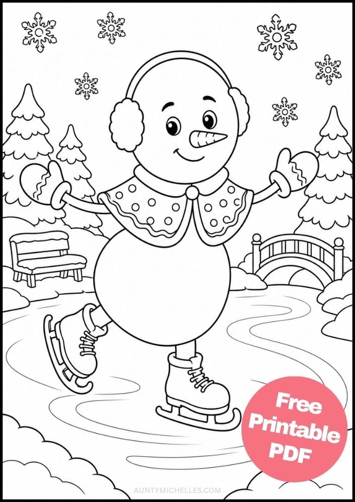 Happy snowman ice skating with earmuffs in a snowy park coloring page.