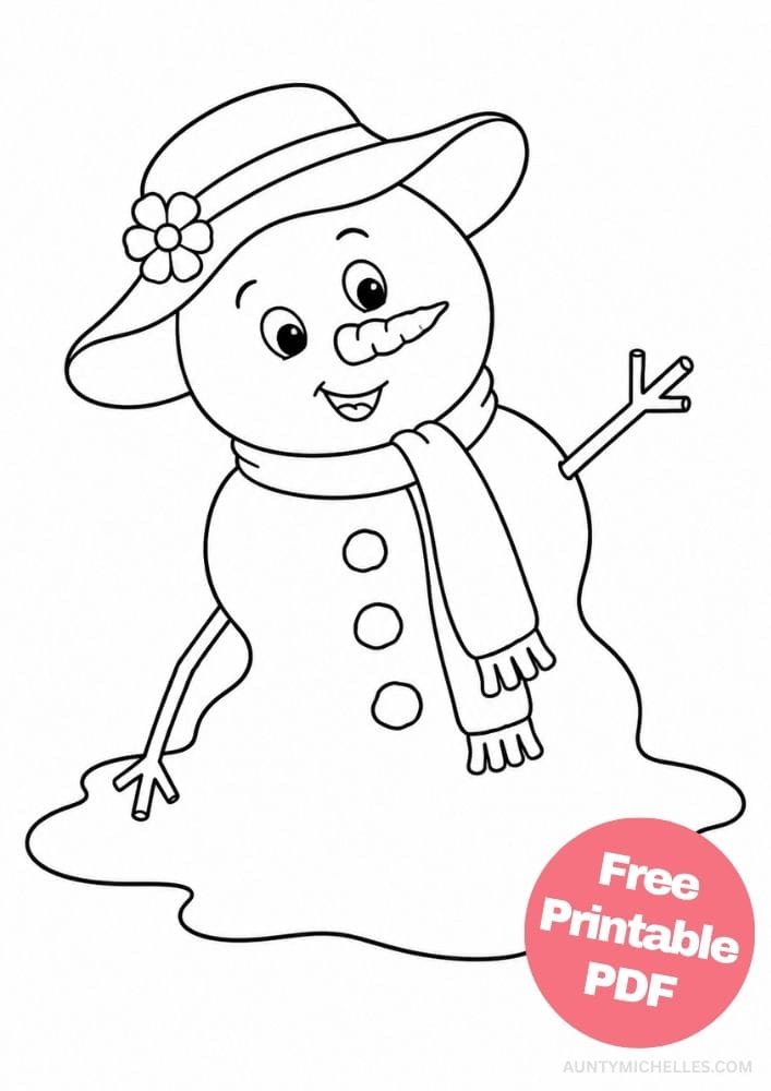 Smiling melting snowwoman wearing a flowered sunhat and scarf coloring page.