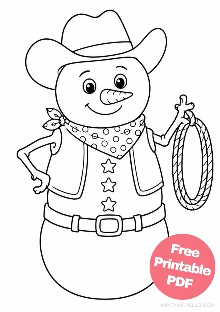 Cowboy snowman wearing a hat, vest, bandana, belt, and holding a lasso.