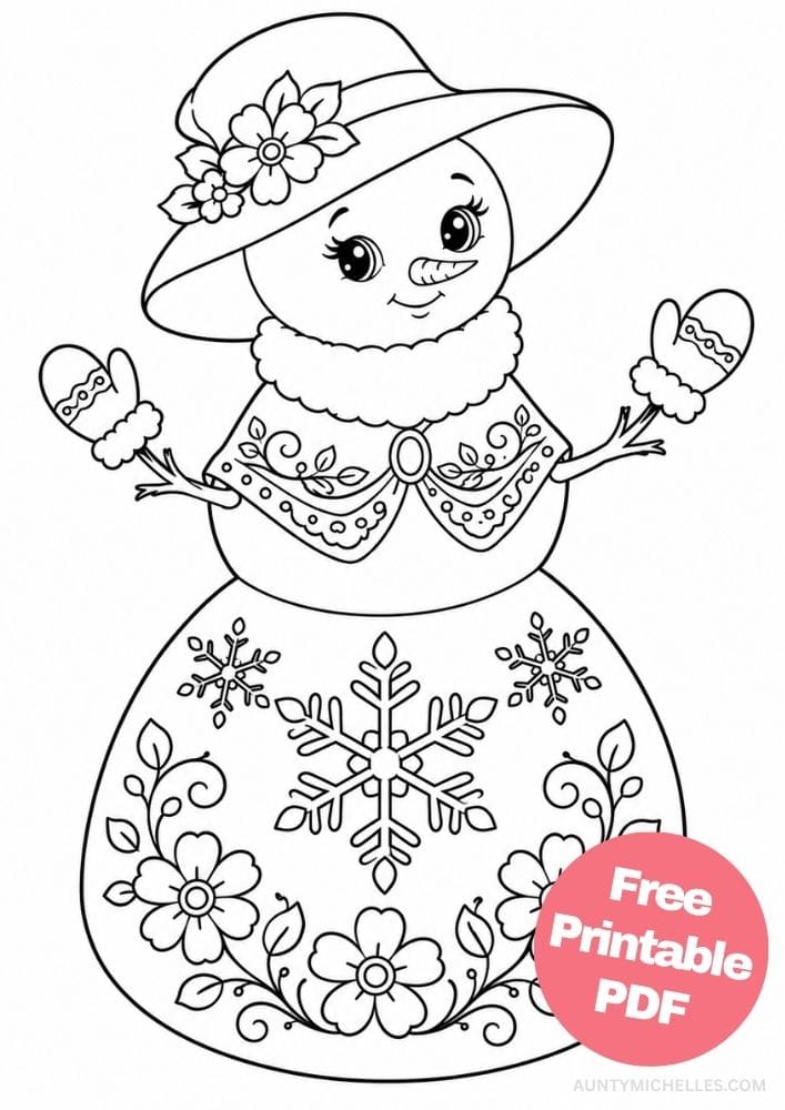 Elegant snowwoman in a flowered hat, decorative cape, and snowflake-patterned skirt.