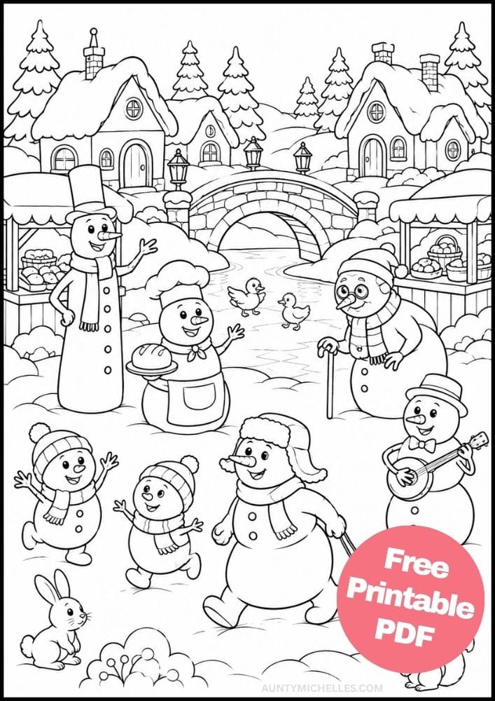 Snowman friends enjoying music and winter fun in a snowy village coloring page.