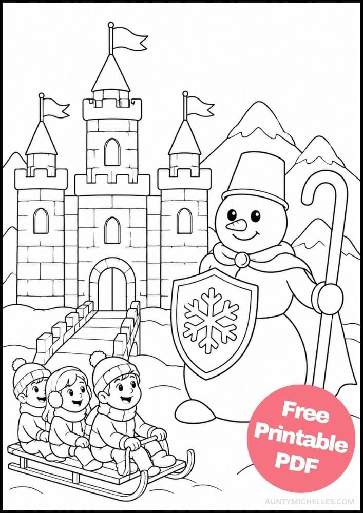 Snowman knight holding a snowflake shield beside a castle and sledding children.