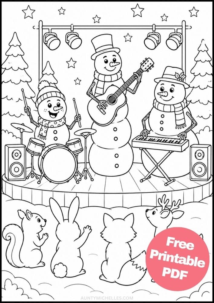 Three snowmen playing guitar, drums, and keyboard at an outdoor winter concert.