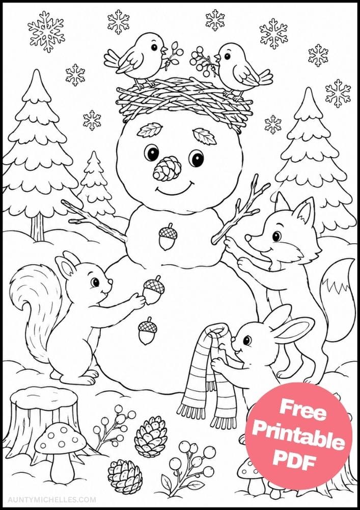 Snowman and woodland animals beneath a bird nest in a snowy forest.