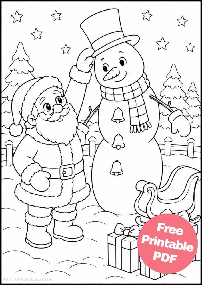 Santa standing beside a tall snowman, sleigh, and wrapped Christmas gifts.