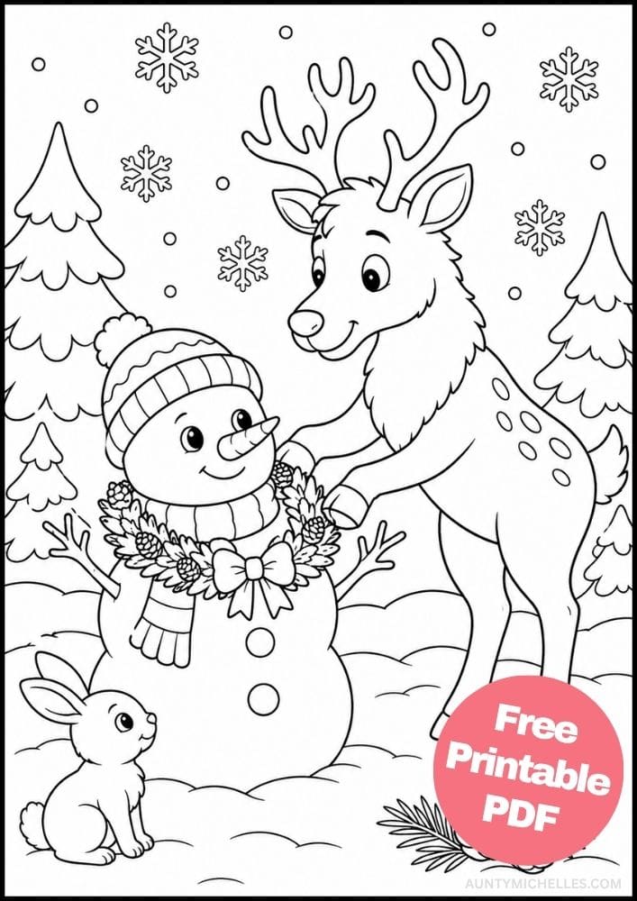 Little snowman wearing a flower garland beside a reindeer and bunny in the forest.