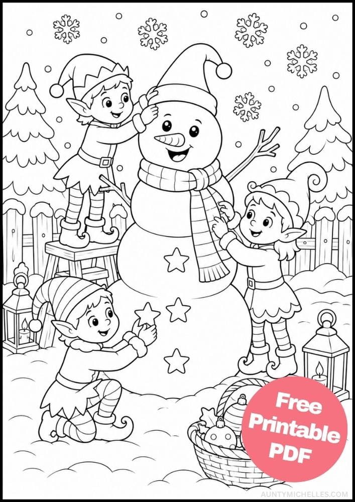Christmas elves decorating a large snowman with stars in a snowy yard.