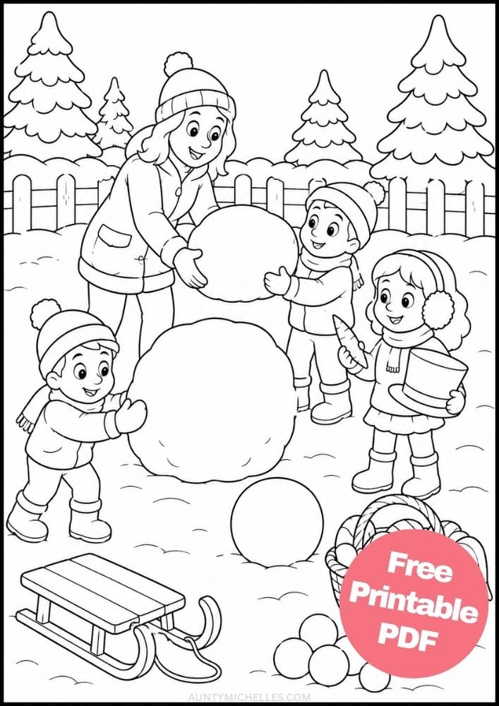 Children working together to build a large snowman in a snowy backyard.