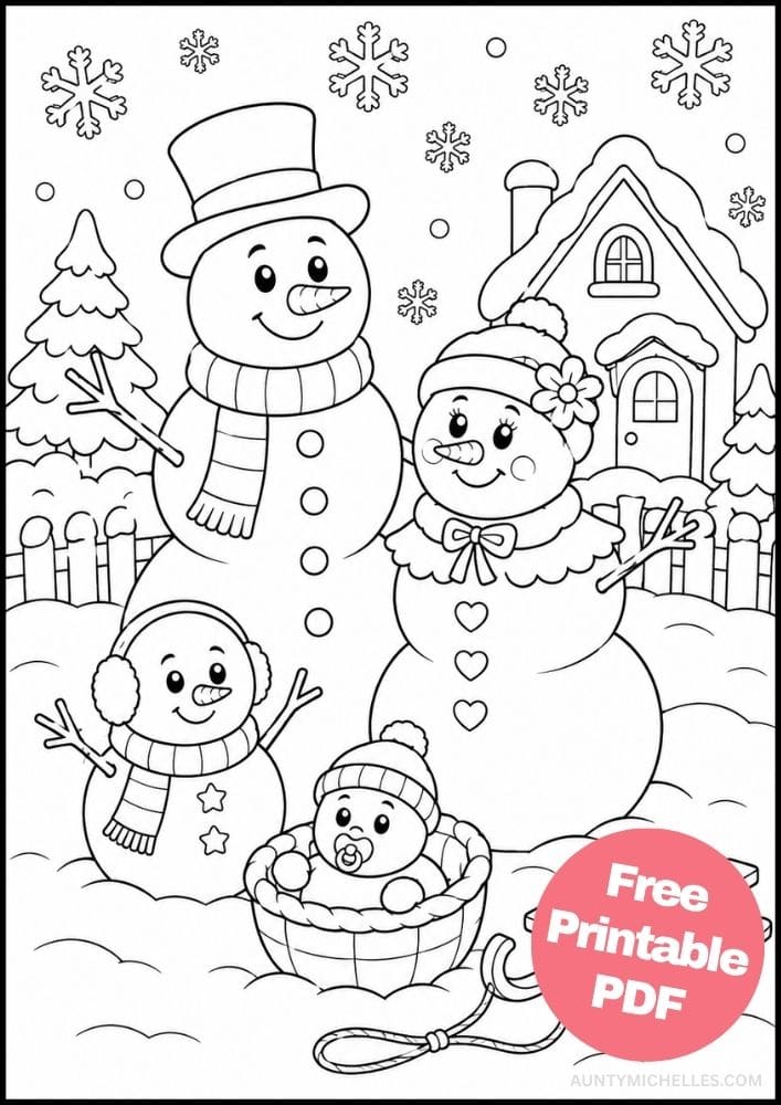 Snowman family with parents, child, and bundled baby beside a cottage and sled.