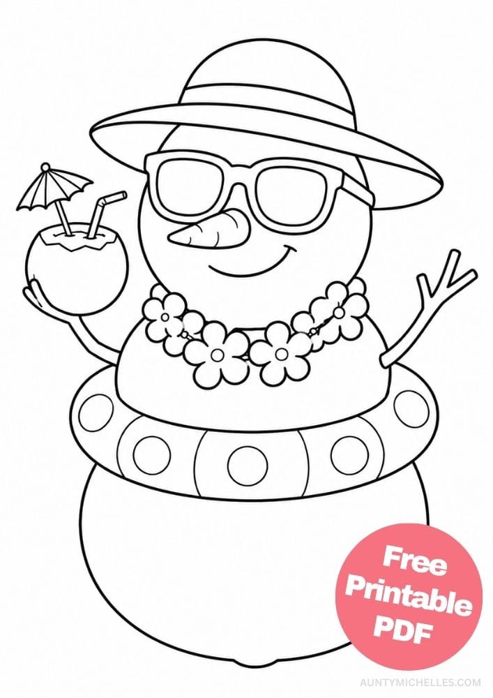 Funny summer snowman wearing sunglasses, sunhat, flower lei, and swim ring.