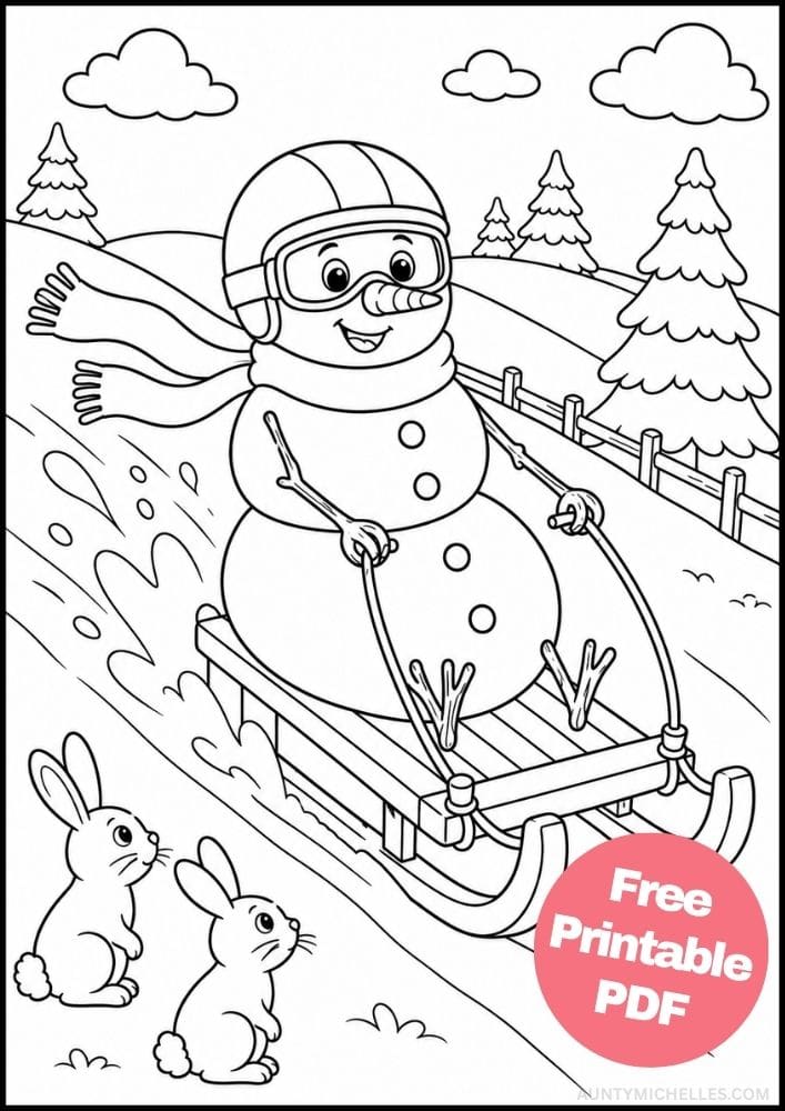 Snowman riding a wooden sled down a snowy hill as two bunnies watch.