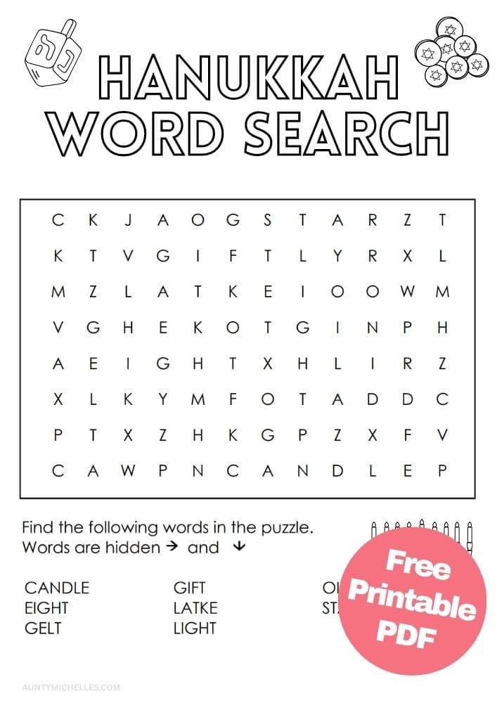 Easy Hanukkah word search for kids with a menorah, dreidel, gelt, candles, and other holiday words.