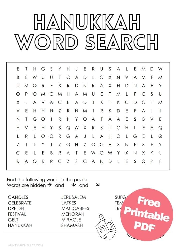 Hanukkah word search game featuring holiday words and illustrations of a dreidel, menorah, and latkes.