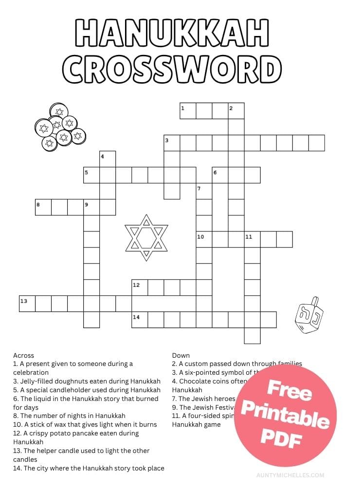 Hanukkah crossword puzzle for kids with clues about traditions, foods, symbols, and the Festival of Lights.