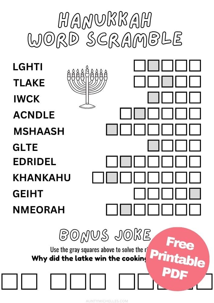 Hanukkah word scramble for kids with ten holiday words and a bonus latke joke to solve.