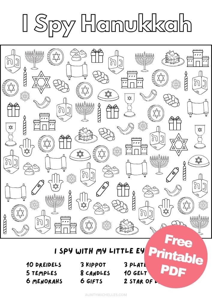 Hanukkah I Spy game with dreidels, menorahs, gelt, gifts, latkes, candles, temples, and Jewish symbols.