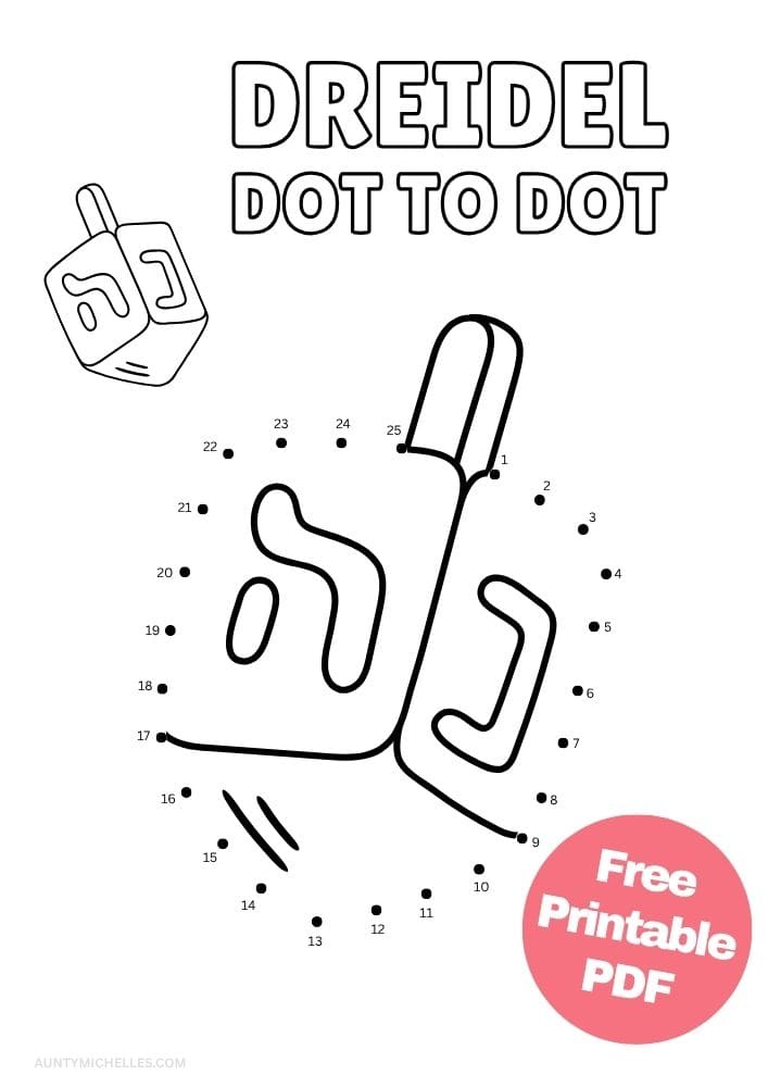 Dreidel dot-to-dot activity for kids with 25 numbered dots and completed Hebrew letter details.
