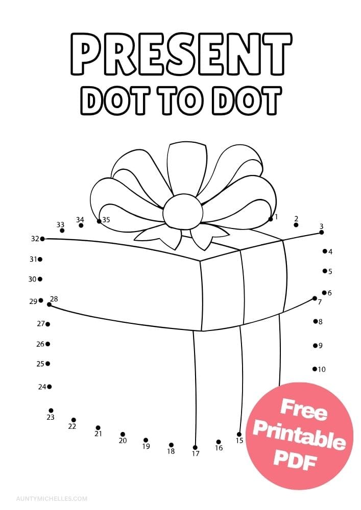Hanukkah present dot-to-dot activity with 35 numbered dots, a large bow, and ribbon details.