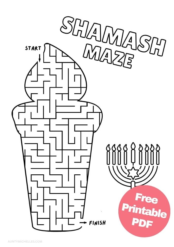 Shamash candle maze for kids with a menorah at the finish and winding paths inside the candle.