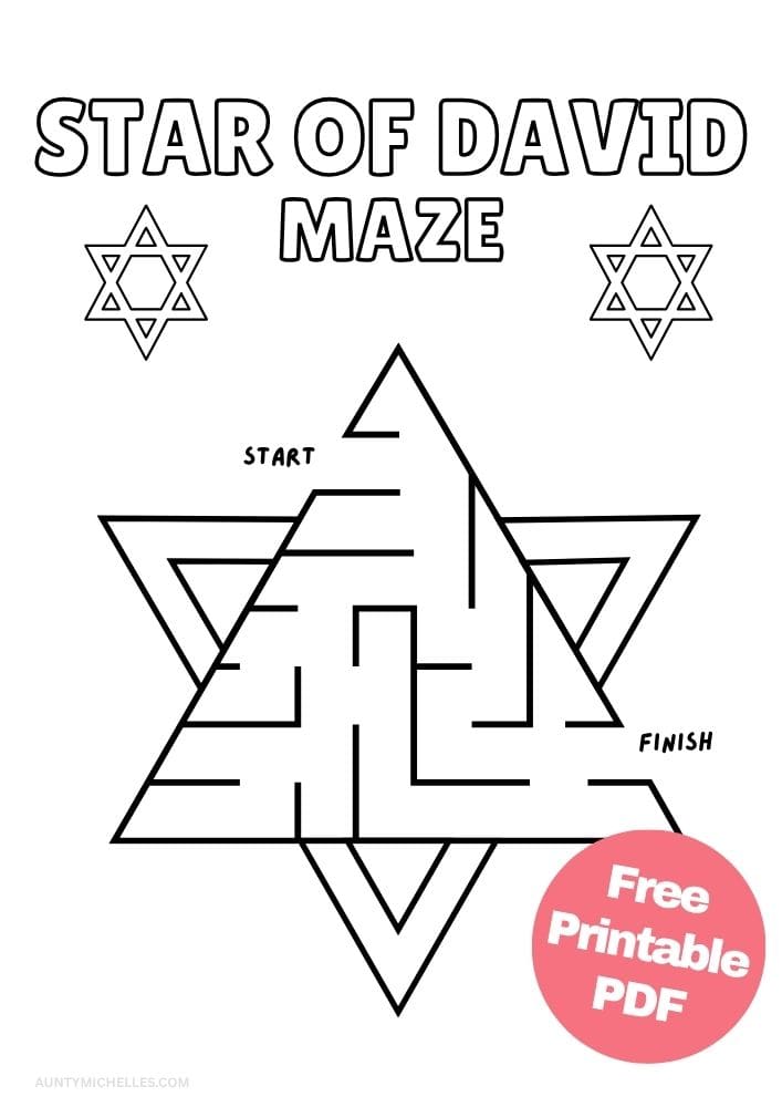 Star of David maze activity for kids with a path through the six-pointed Hanukkah symbol.