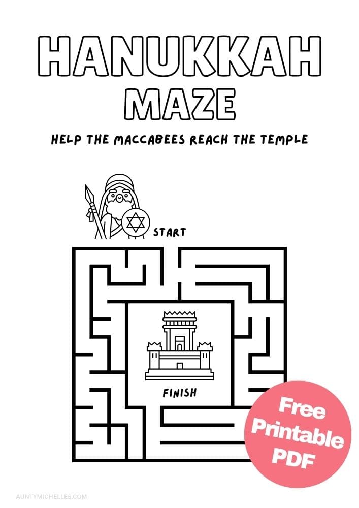 Hanukkah maze helping the Maccabees travel from the starting point to the temple in the center.