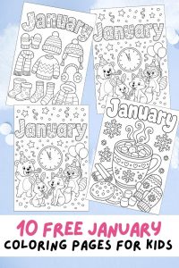 Free printable January coloring pages for kids, winter colouring book for children, January activity worksheet printout downloadable PDF, month coloring sheets